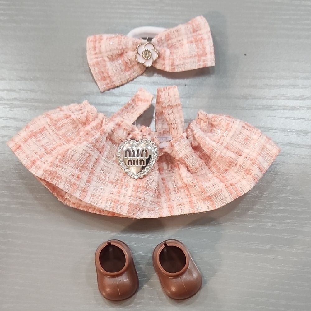 Tweed Labubu Dress with Brown Shoes